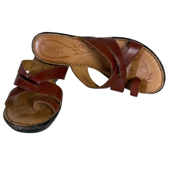 Born Leather Wedge Sandals Size 9 Brown Criss Cross Straps Open Toe Comfortable - Picture 2 of 13
